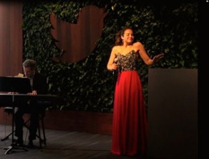 Alexandra Silber performing “I Feel Pretty” at the West Side Story album release party in the Twitter building. Ms. Silber sings the role of Maria on the album. 