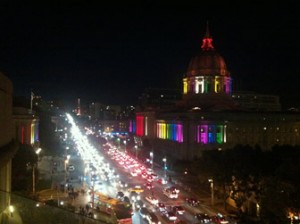 A view of city hall from the third floor balcony of Davies. It was amazing to see the entire city covered in rainbow to celebrate pride week. 